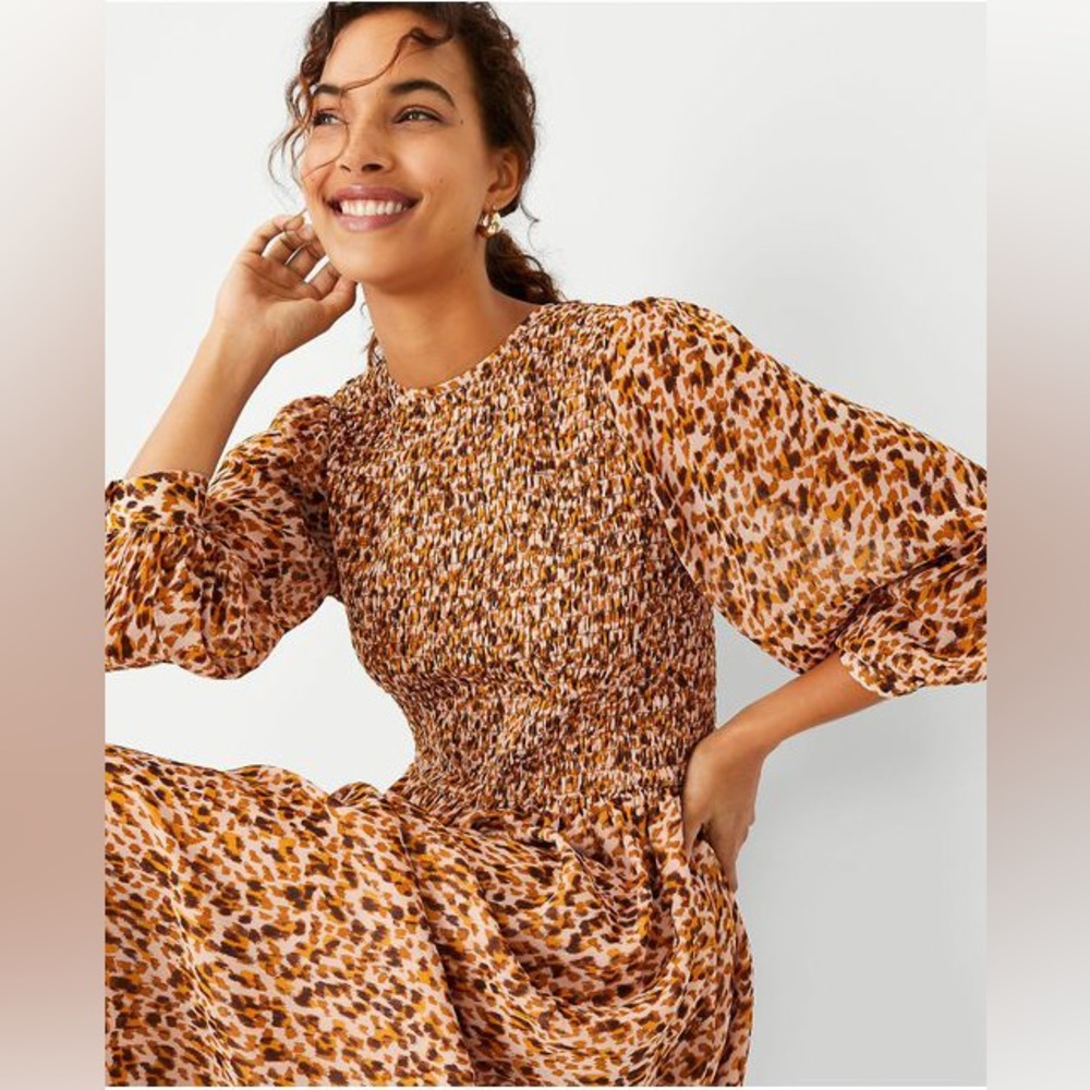 ANN TAYLOR Animal Print Smocked Fit & Flare Midi Dress Sz 4T